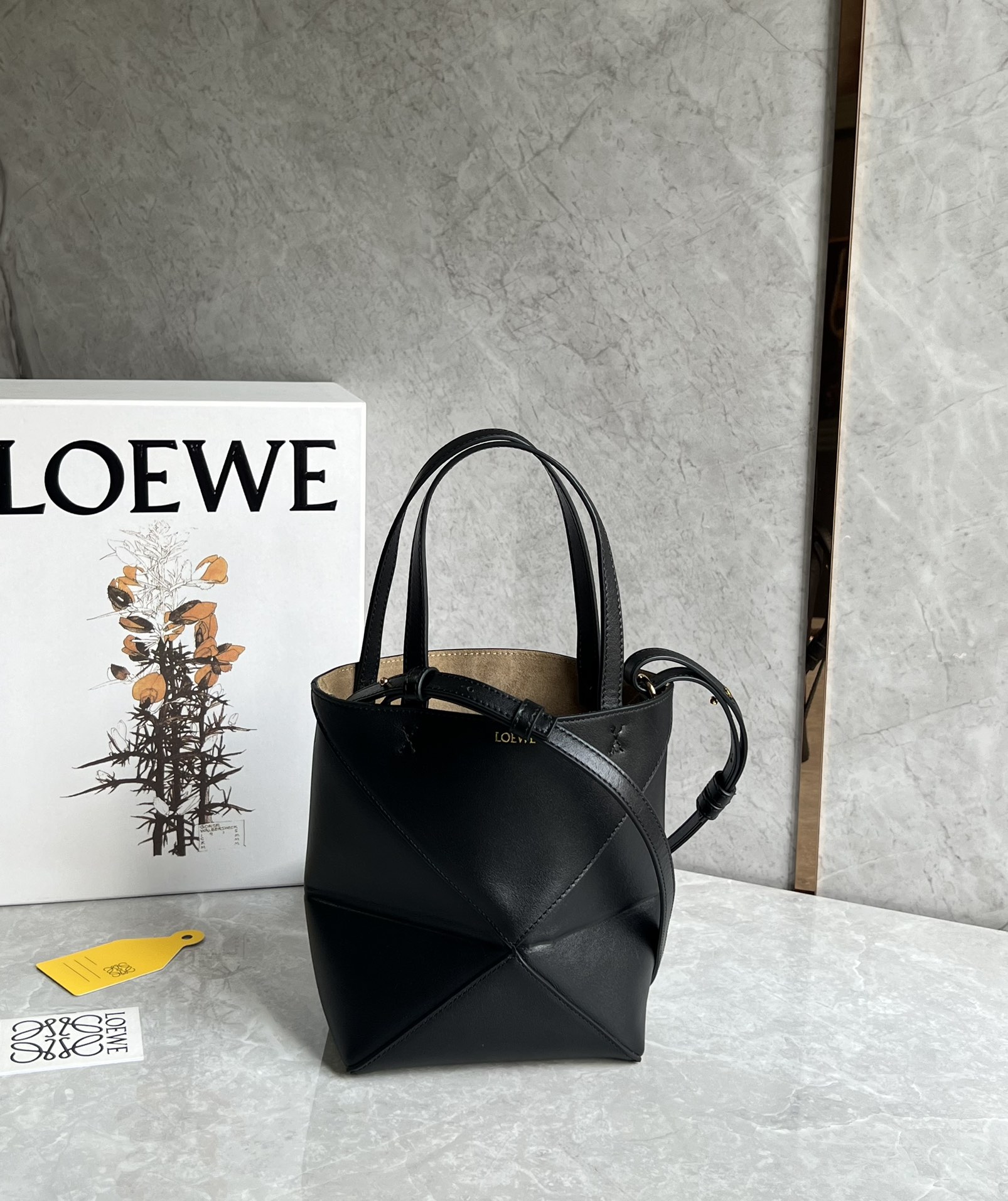 Loewe Mini Puzzle Fold Tote in Shiny Calfskin Black